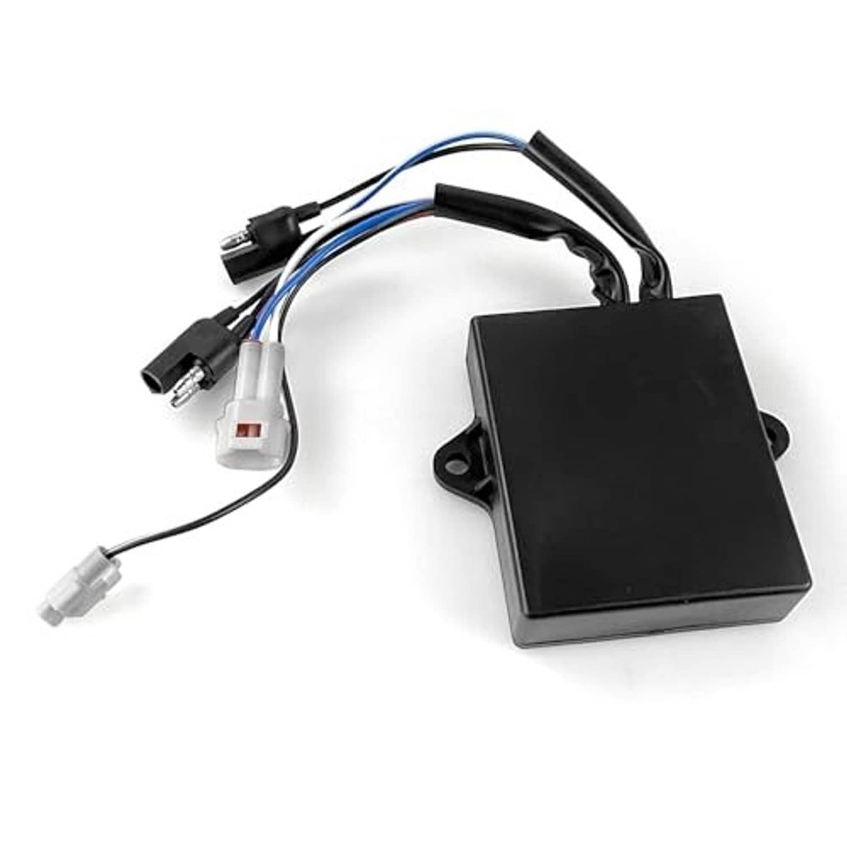 Black CDI ignition box module with wiring harness, plugs, and mounting bracket