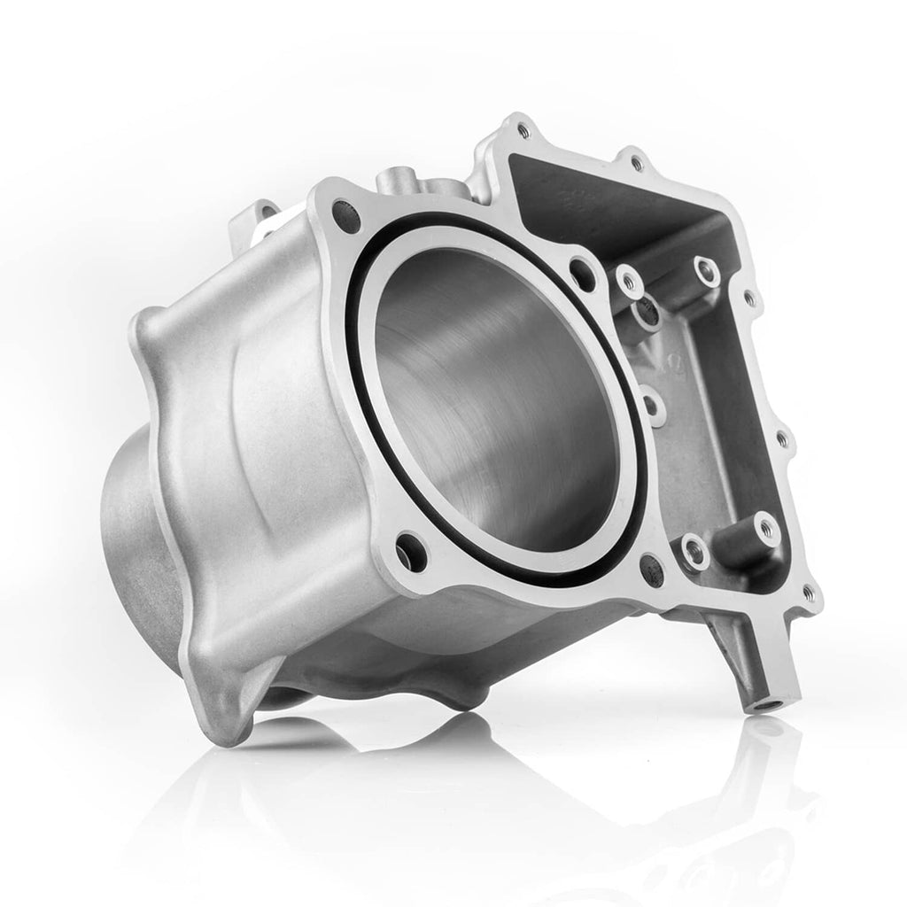 Machined aluminum cylinder block with gasket openings and circular bore
