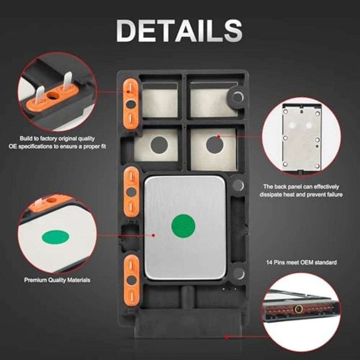 Ignition control module with back panel and orange tabs, gray/black frame, green insert