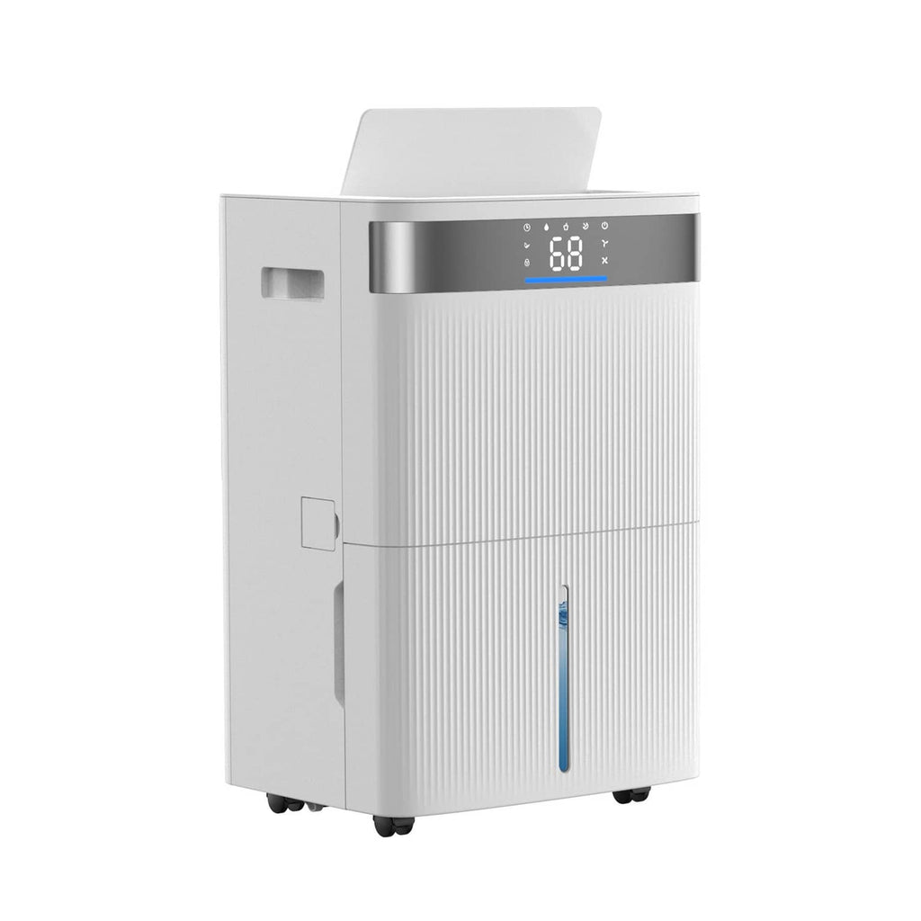 White dehumidifier with side access panel and top blue LED humidity display