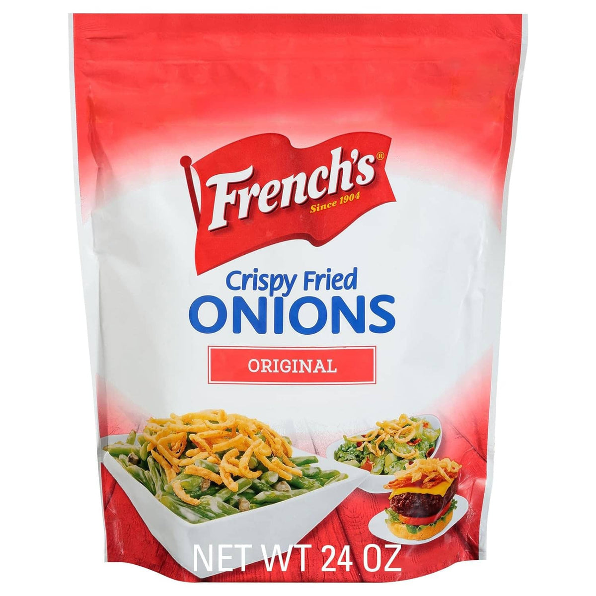 French's Crispy Fried Onions Original pouch showing logo and Net Wt 24 oz