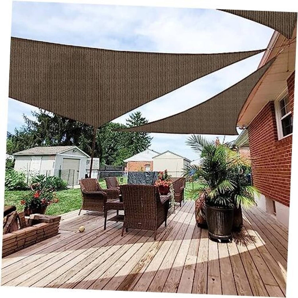 Triangle sun shade sail canopy cloth in dark brown, with stitched edges and grommets