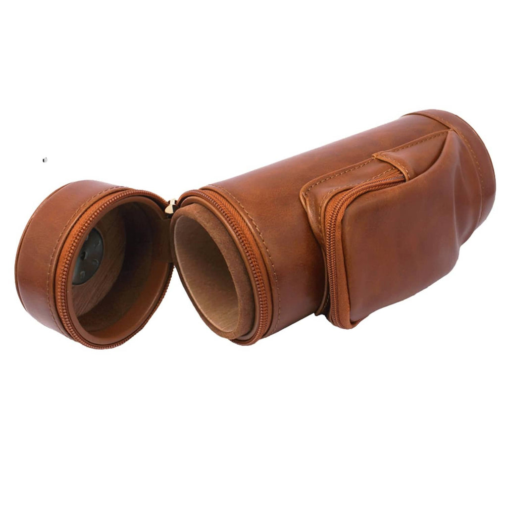Brown leather portable cigar humidor case shown open from the end with padded tube openings