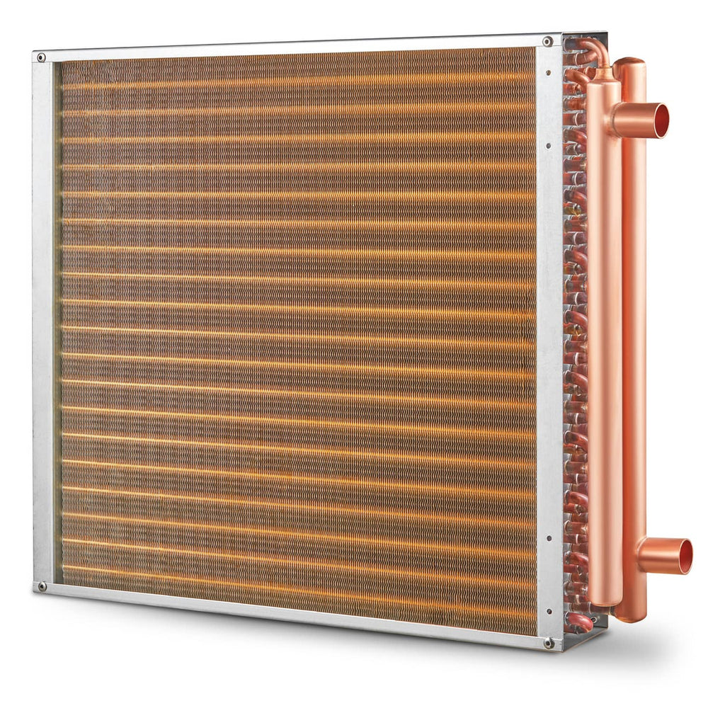 Water-to-air heat exchanger front view with copper tubes on right edge and fin core