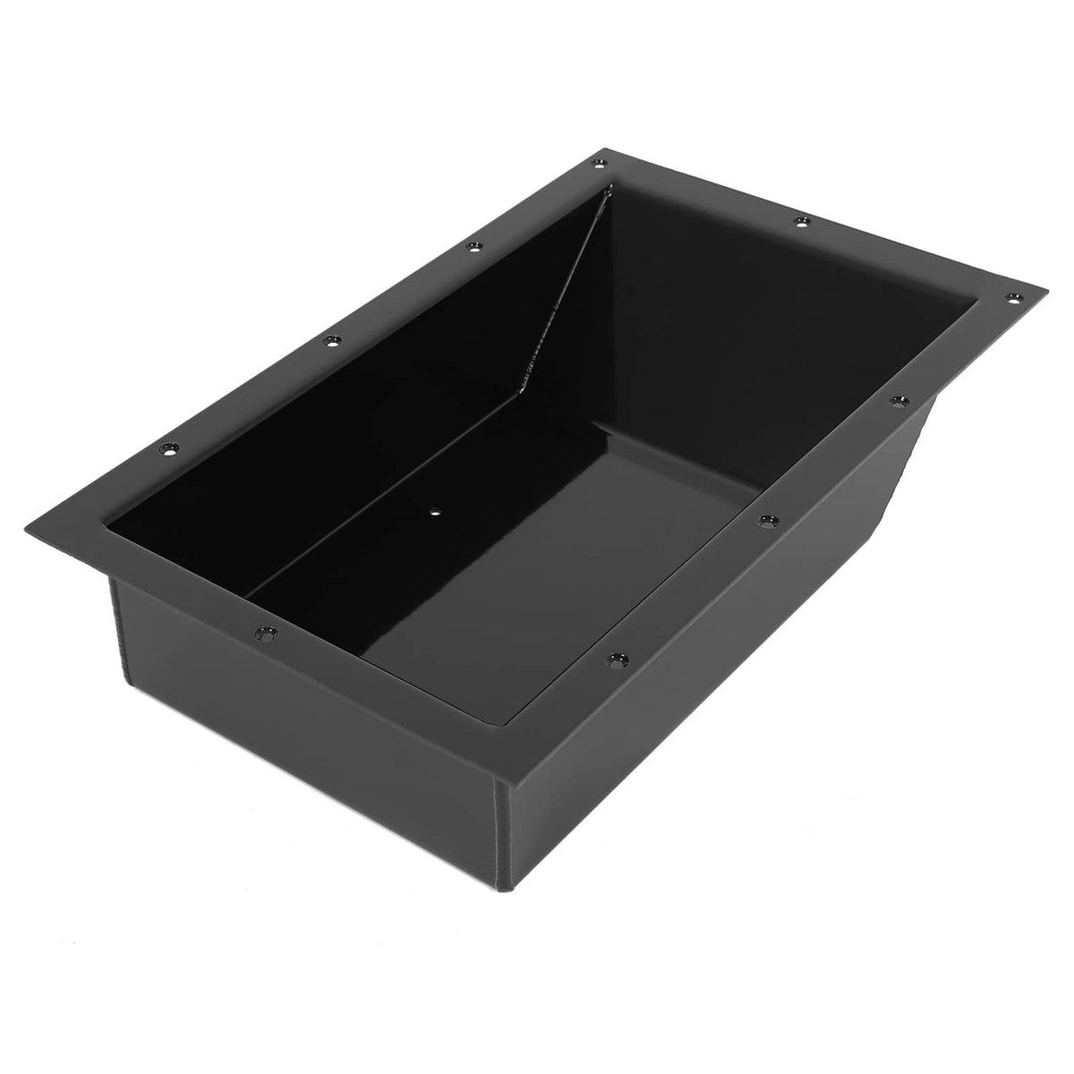 Recessed trolling motor foot pedal pan, open cavity with side walls and screw holes.
