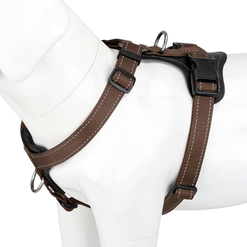 Brown adjustable no-pull dog harness with leather-look accents and metal rings