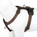 Brown adjustable no-pull dog harness with leather-look accents and metal rings