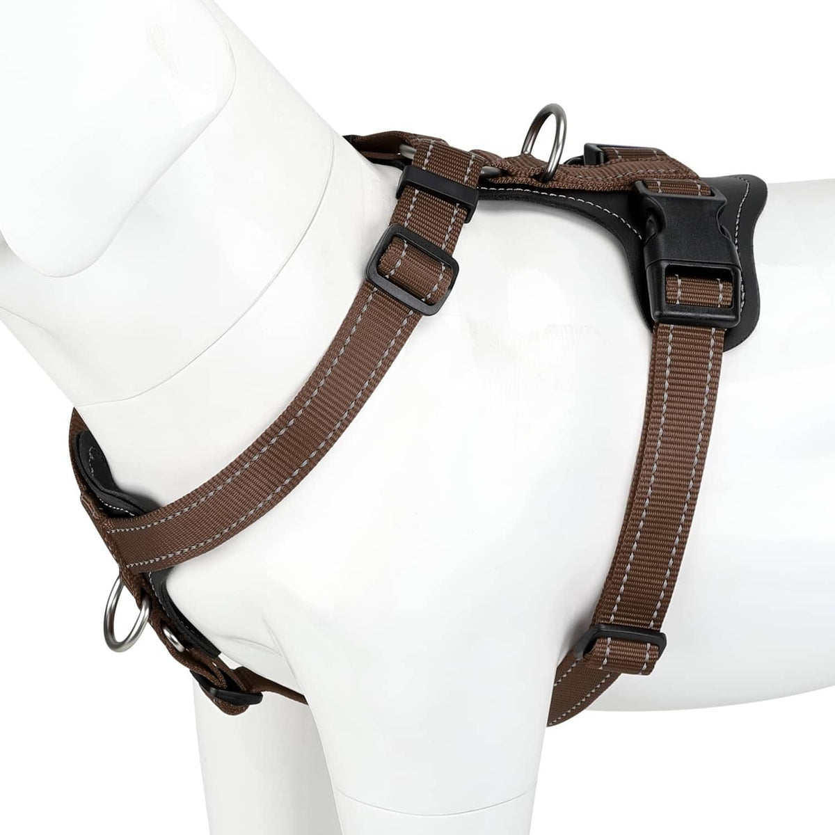 Brown adjustable no-pull dog harness with leather-look accents and metal rings
