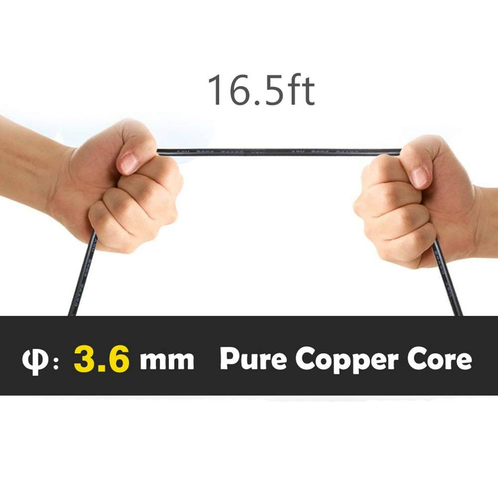 Black 16.5 ft dash cam extension cord with pure copper core label and 3.6 mm marking