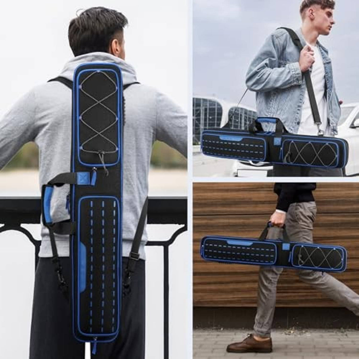 Blue and black pool cue case carried on shoulder with long zipped compartments