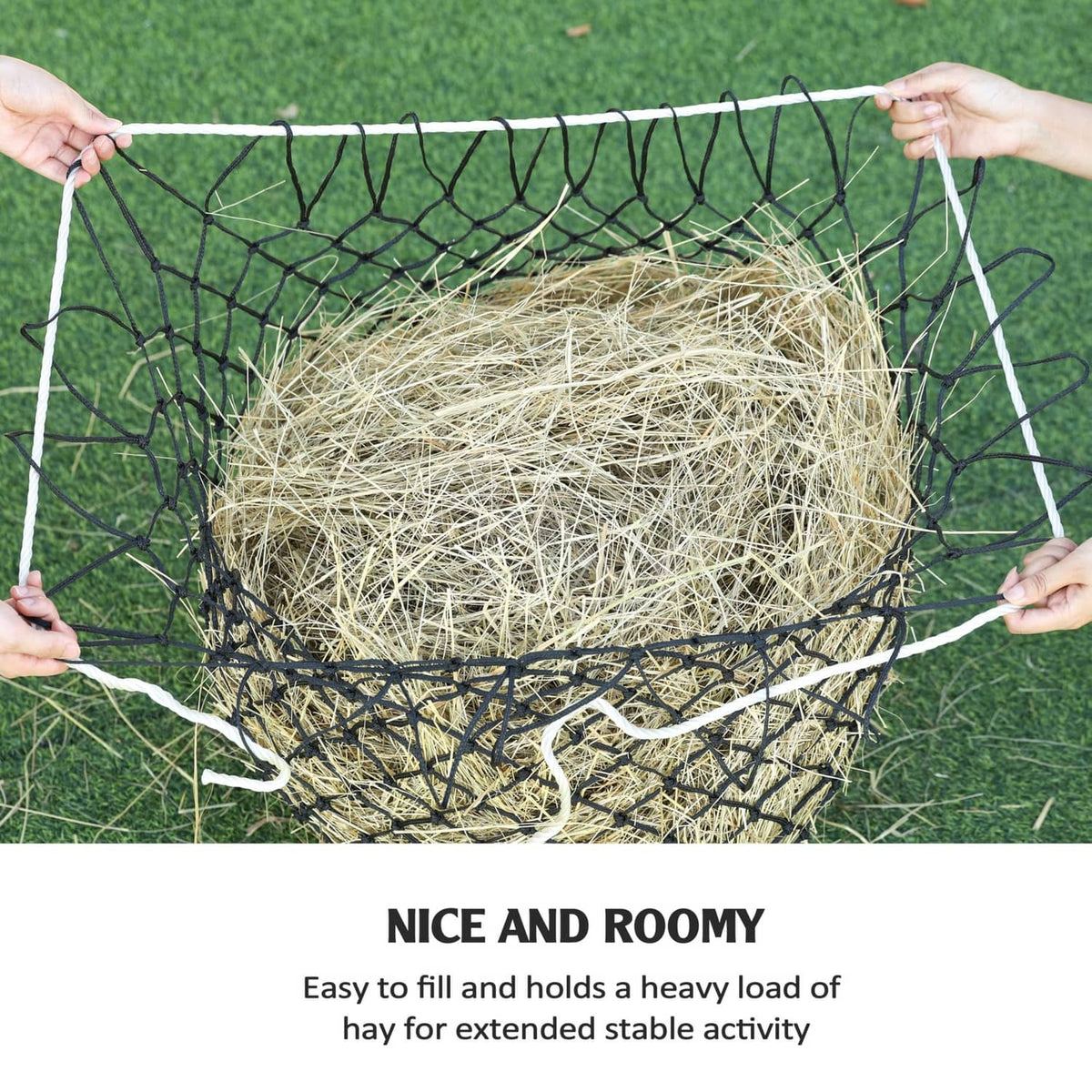Slow feed hay net filled with loose hay inside a hanging frame