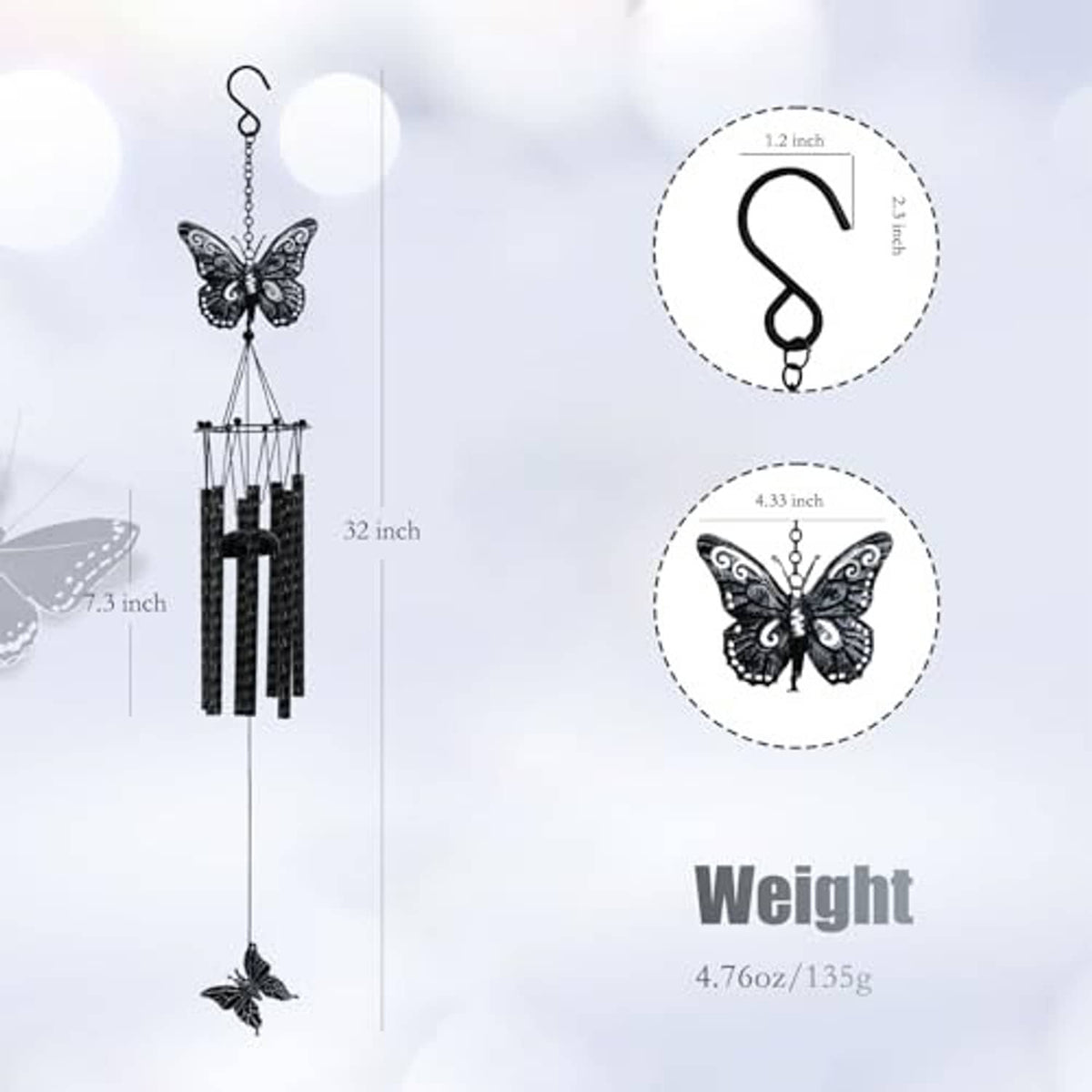 Black butterfly wind chime with metal bars, hanging butterfly topper and bottom piece