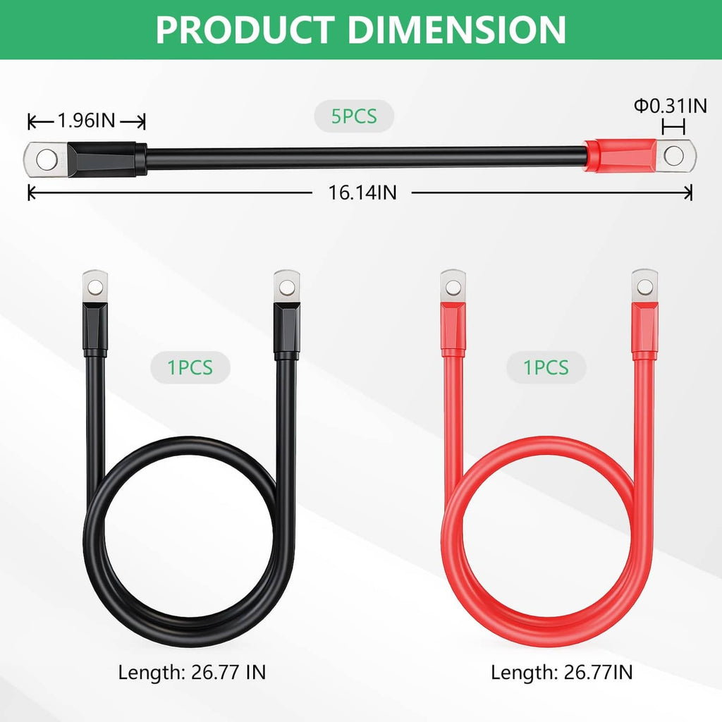 Battery cable wiring kit with black and red cables, ring terminals, and length dimensions