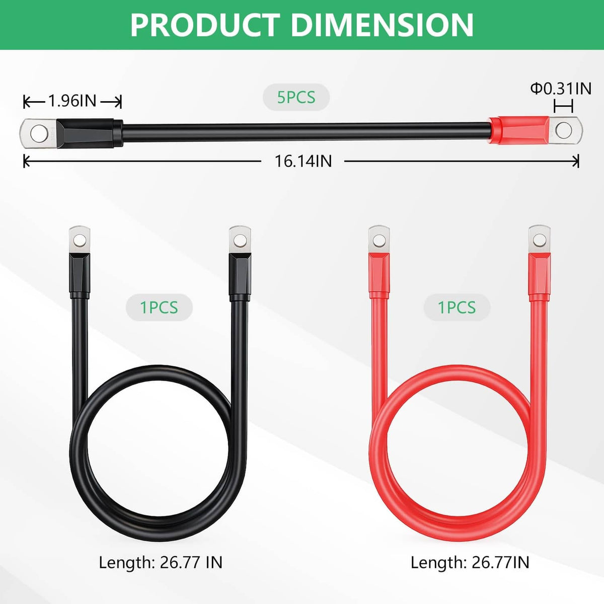 Battery cable wiring kit with black and red cables, ring terminals, and length dimensions