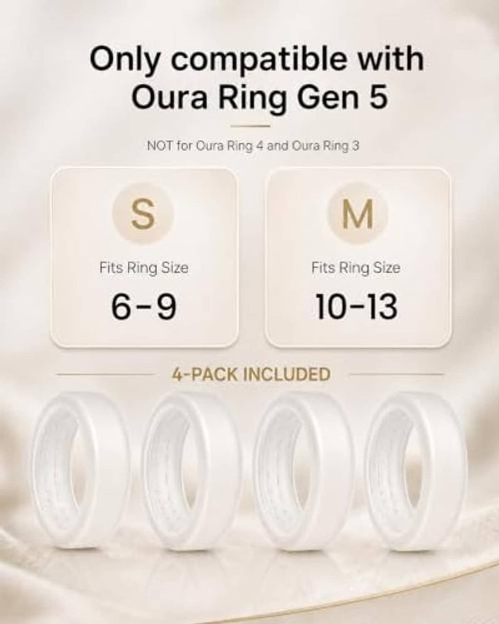 Four-pack white silicone ring covers with Oura Ring 5 sizing options