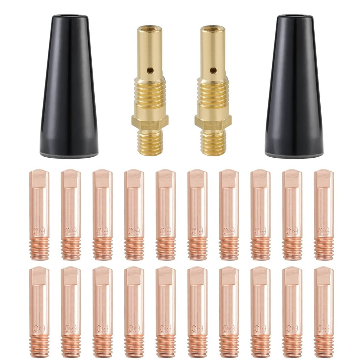 MIG nozzle tips kit with two black nozzles and multiple copper contact tips