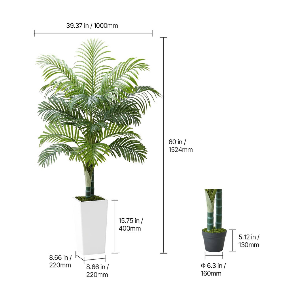 Faux areca palm tree measurements with green trunk and white pot