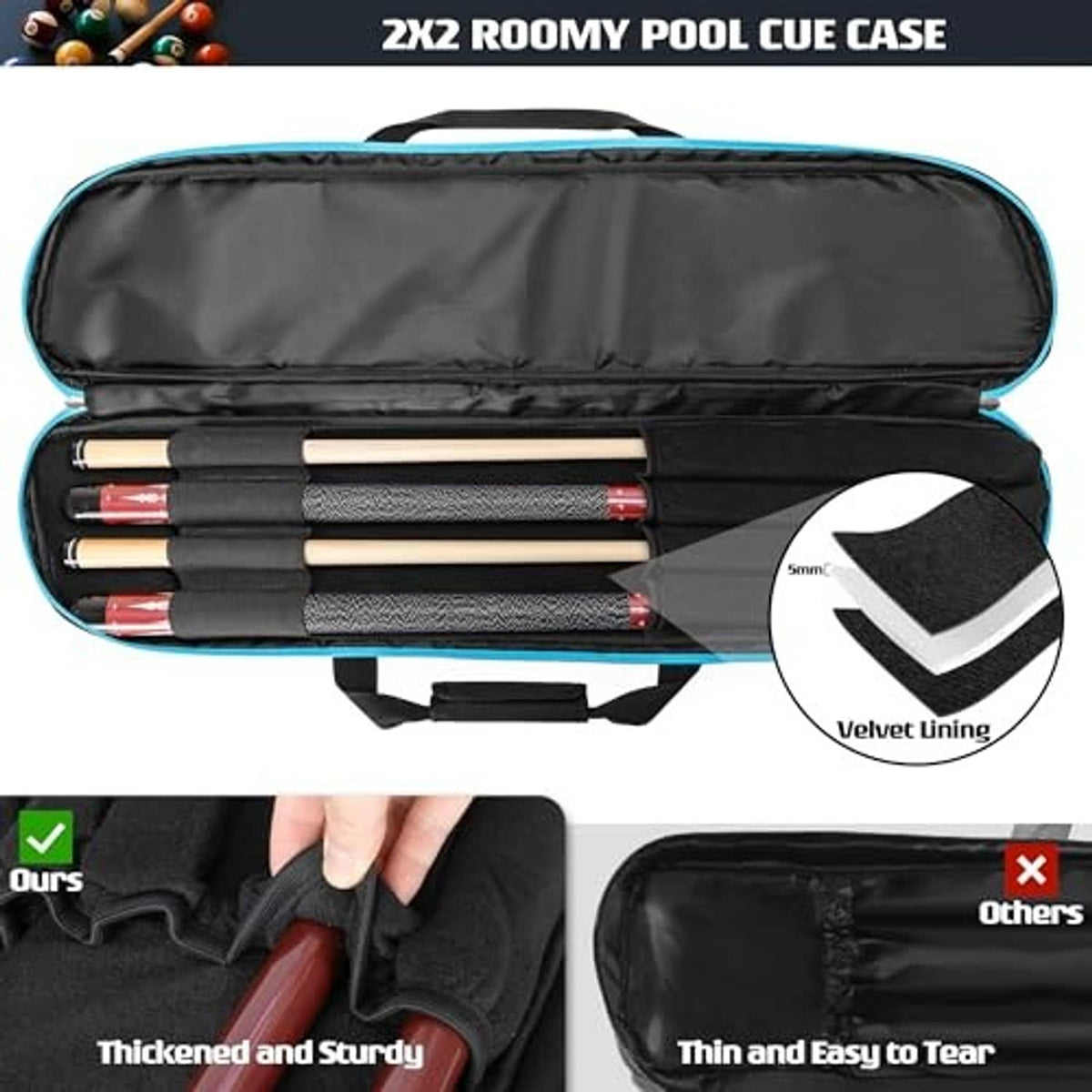 Soft pool cue case open with padded interior and multiple cue slots; black with blue edge.