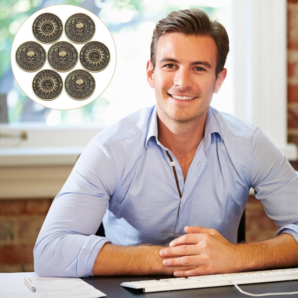 Copper memento mori coin set shown in a circle above a smiling man