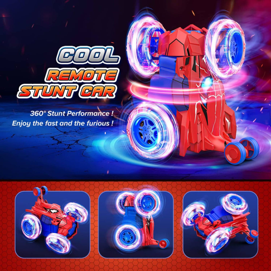 Red 4WD RC stunt car with cool blue LED wheel lights in action pose