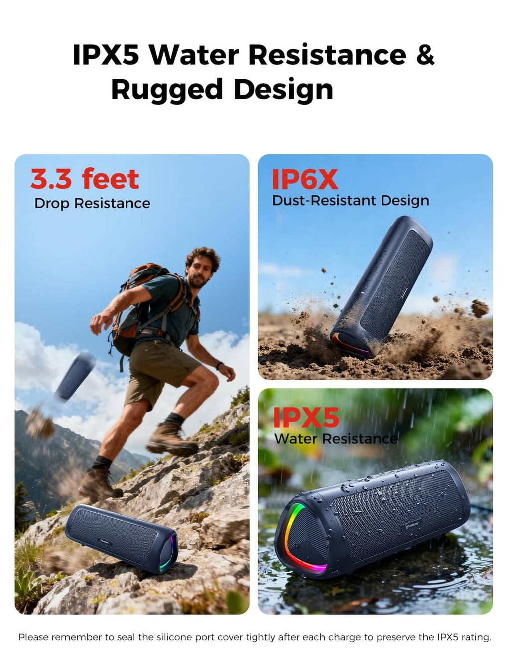 Navy Bluetooth speaker with RGB glow and water droplets on the speaker body