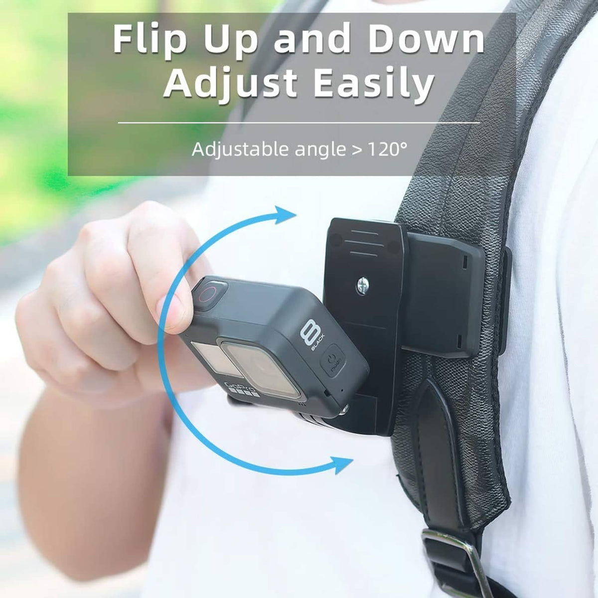 Flip-up adjustable angle action camera strap mount with quick-clip attachment