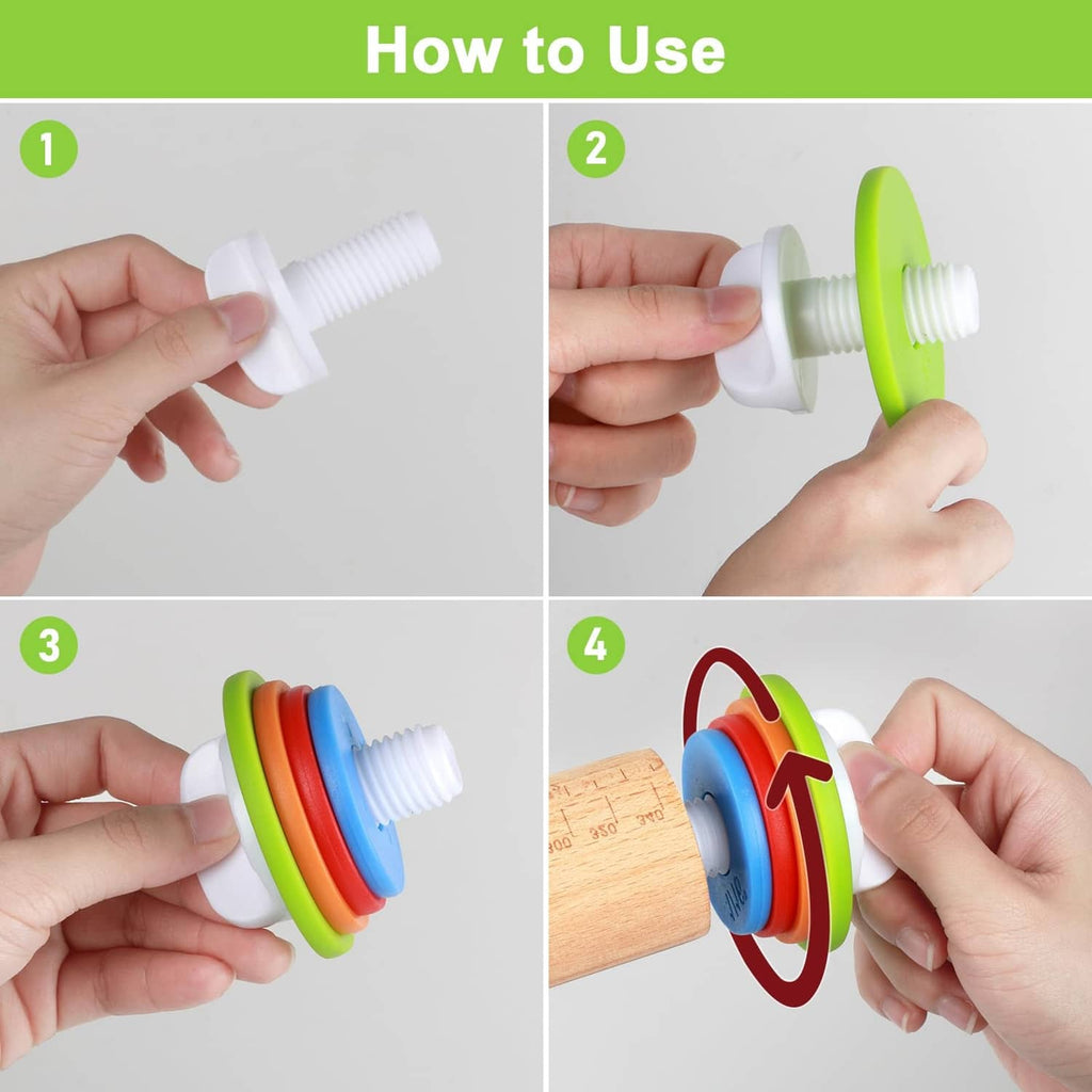 Hands attaching colorful thickness rings to a natural wooden rolling pin with white caps.