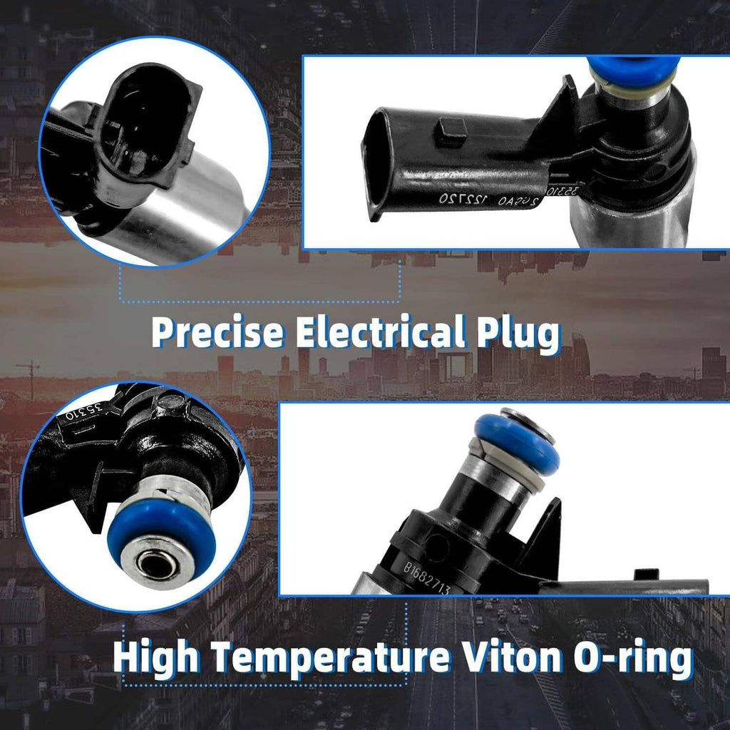 Fuel injector with blue seal and black electrical plug, shown with close-up details.