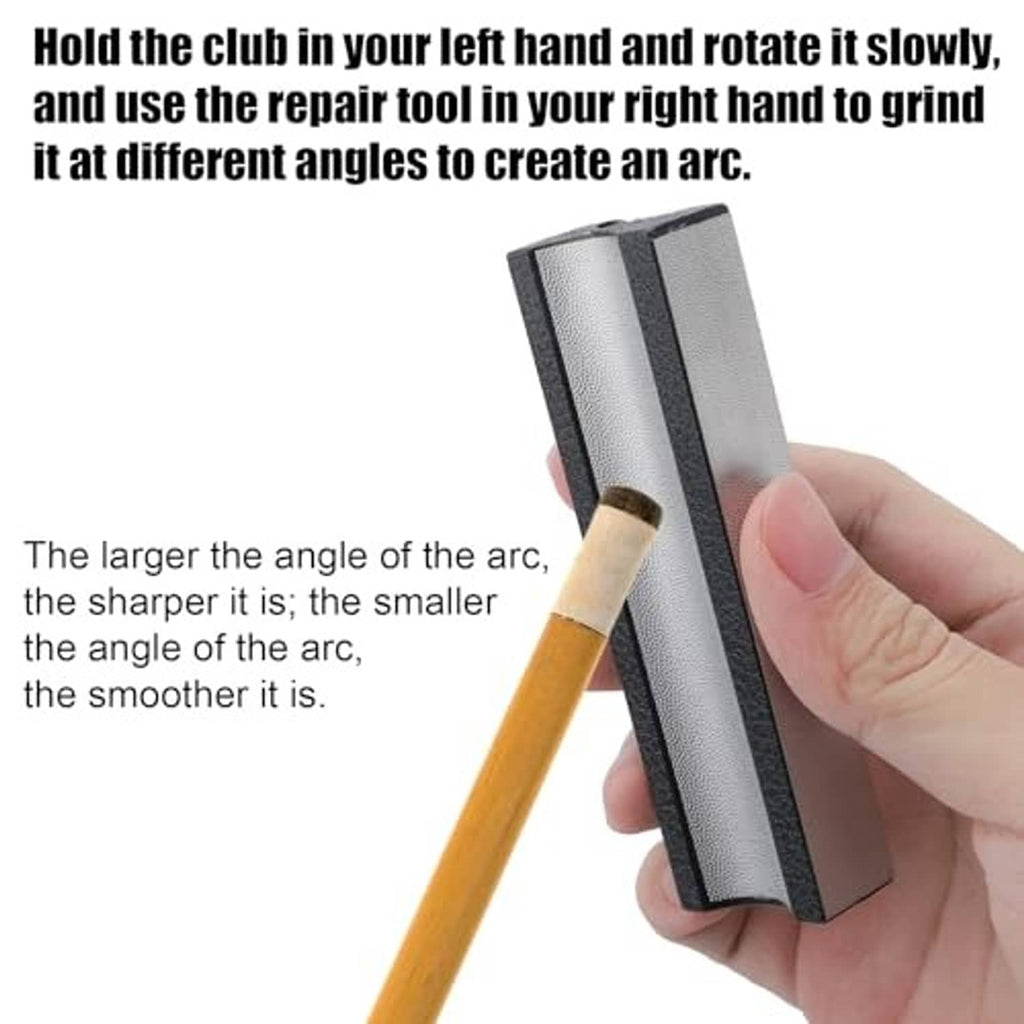 Pool cue tip repair tool with arc-shaped grinding surface, held against a pool cue tip