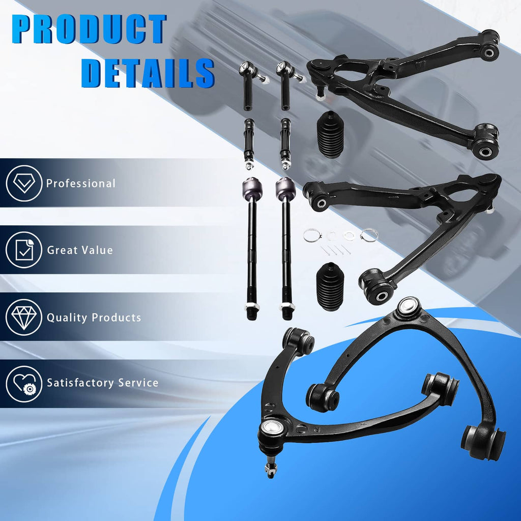 Front control arm parts overview with control arms, tie rods, boots, and installation hardware