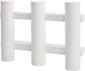 Three-rod tube rack with three white cylindrical holders and two horizontal support bars.