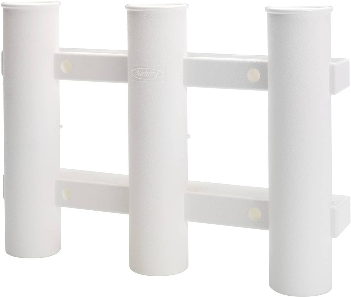 Three-rod tube rack with three white cylindrical holders and two horizontal support bars.