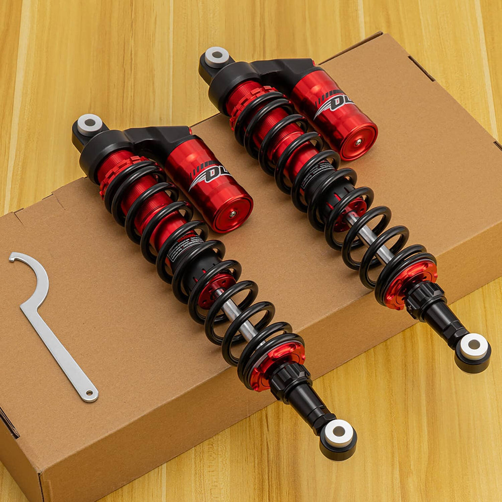 Rear air shock absorber pair, black and red, with springs and mounting hardware visible