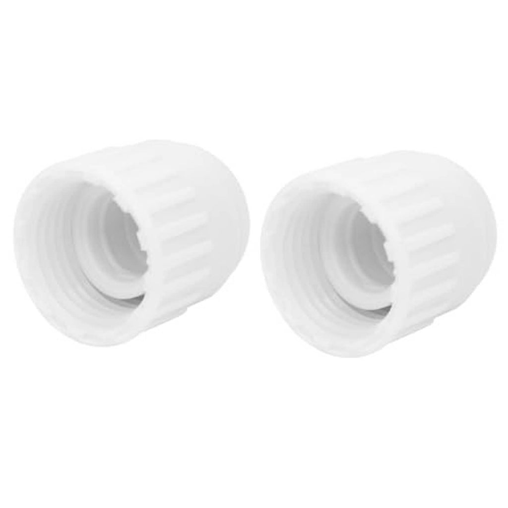 White plastic female end cap fitting with ribbed outer grip and hollow threaded inlet