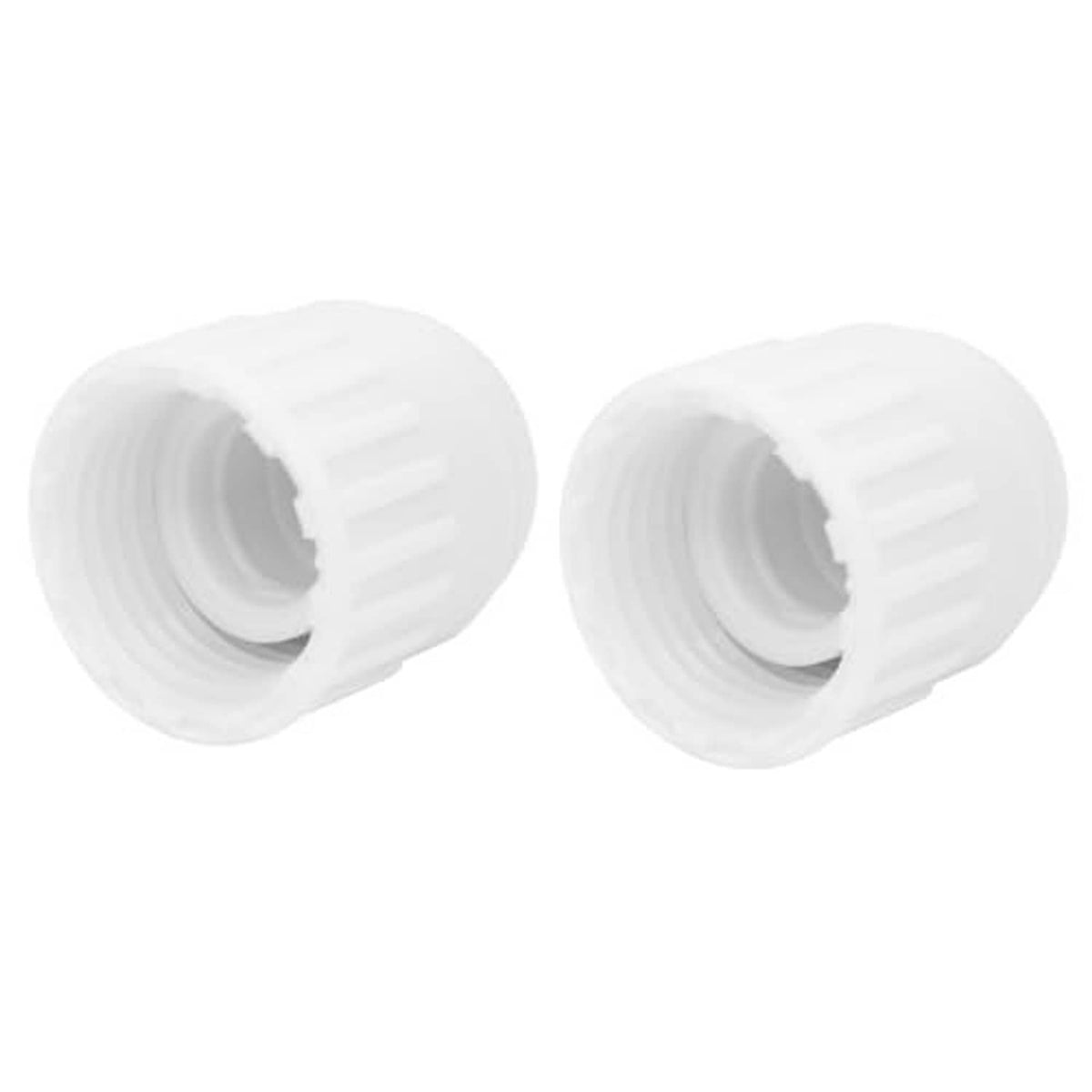 White plastic female end cap fitting with ribbed outer grip and hollow threaded inlet