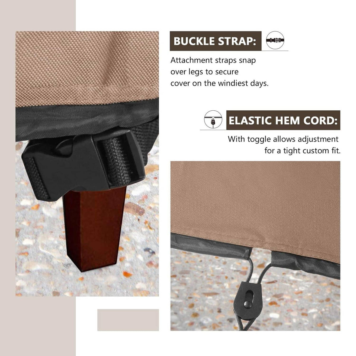 Brown patio ottoman cover with buckle straps and elastic hem cord for secure fit