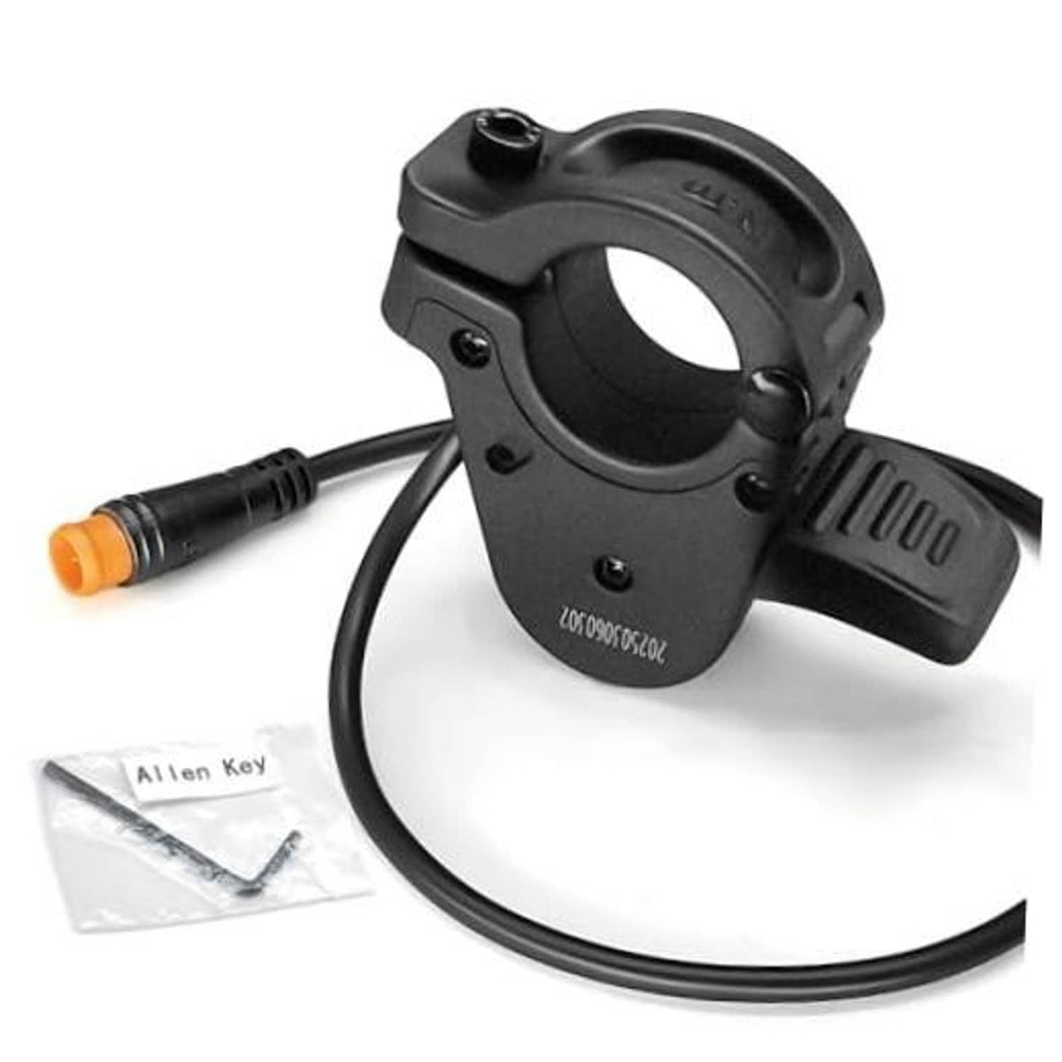 Black 3-pin thumb throttle with yellow/orange waterproof connector and cable