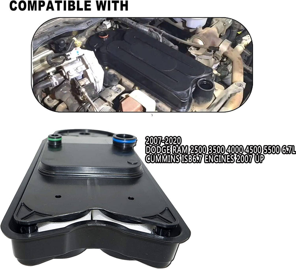 Black crankcase ventilation filter breather element with two blue hose ports