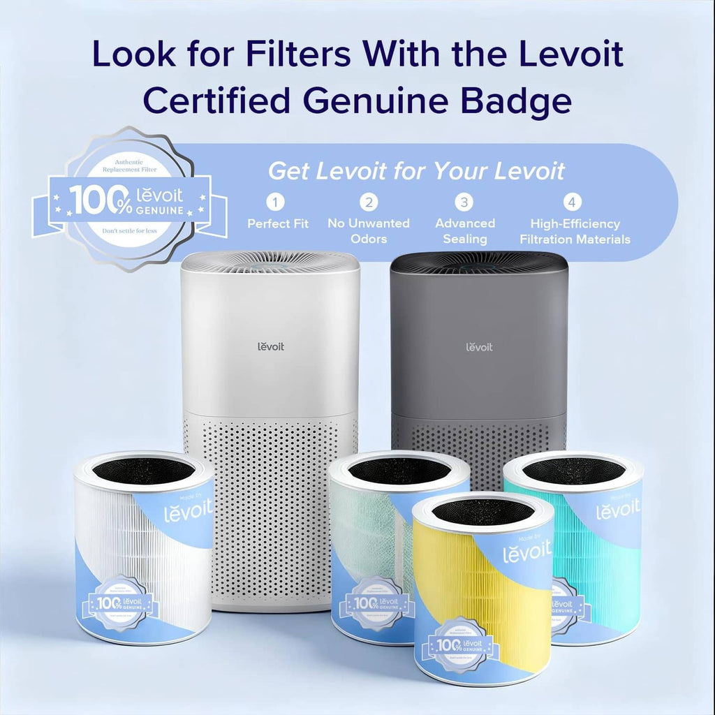 Levoit white air purifier with replacement filter cartridges shown