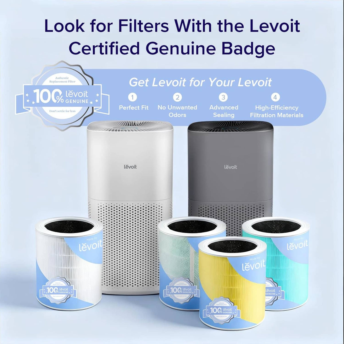Levoit white air purifier with replacement filter cartridges shown