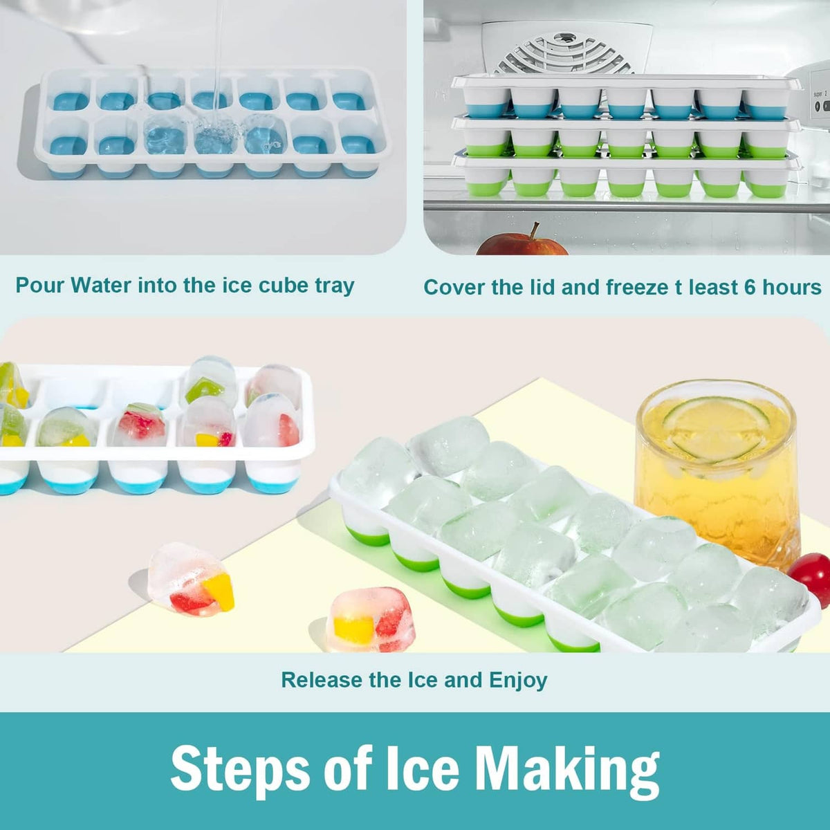 Ice cube tray set with blue and green silicone cells, showing released ice cubes