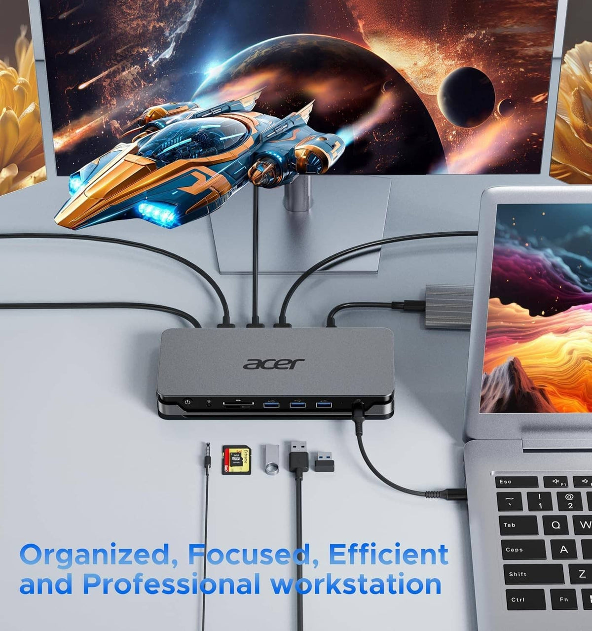 Acer USB-C docking station with connected cables, compact dark gray aluminum body
