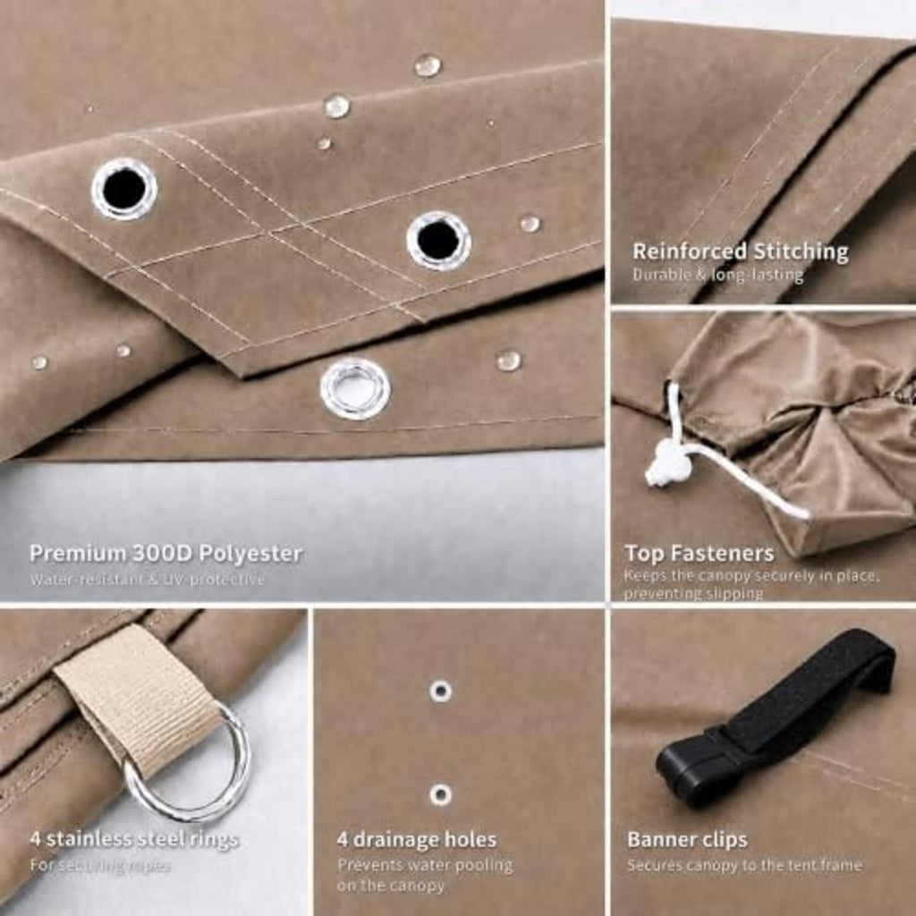 Khaki canopy top close-up with reinforced stitching, drainage holes, and fastener grommets