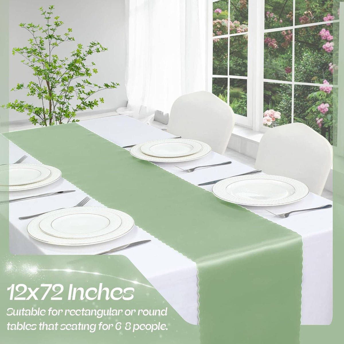 Sage green satin table runner centered on a table with white dinnerware