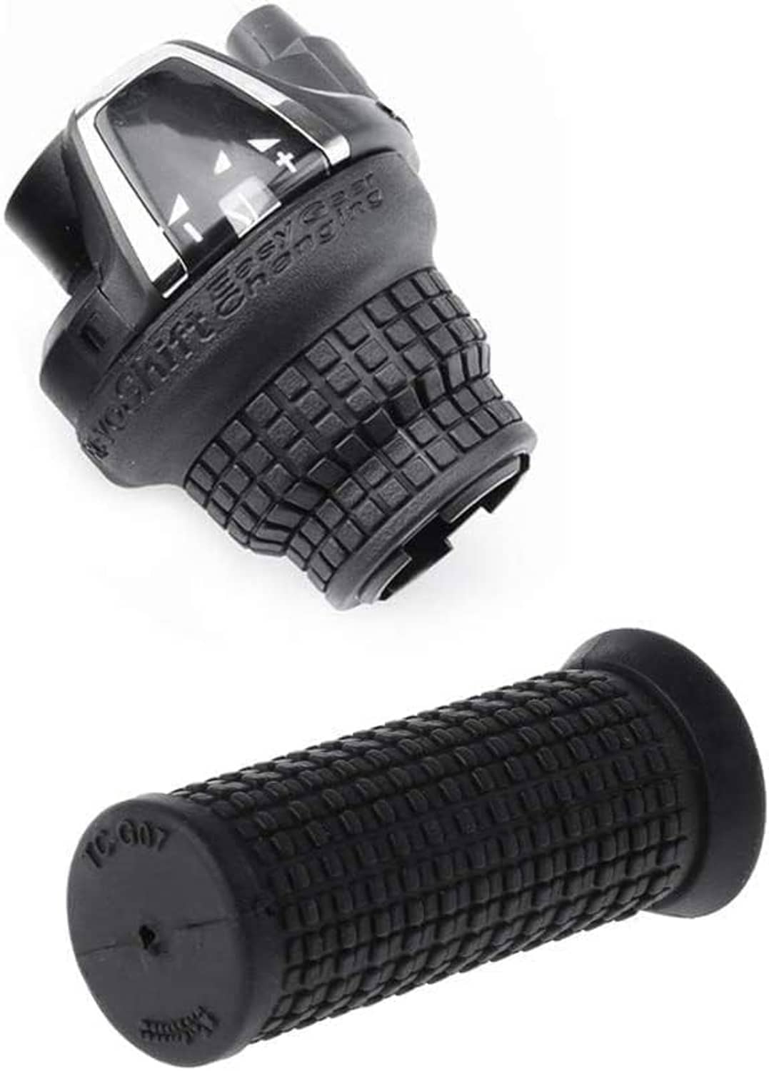 Black bicycle handlebar grip set with textured rubber surface and end caps