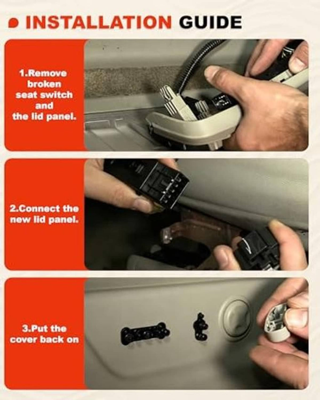 Installation guide showing hands replacing a power seat switch and cover panel