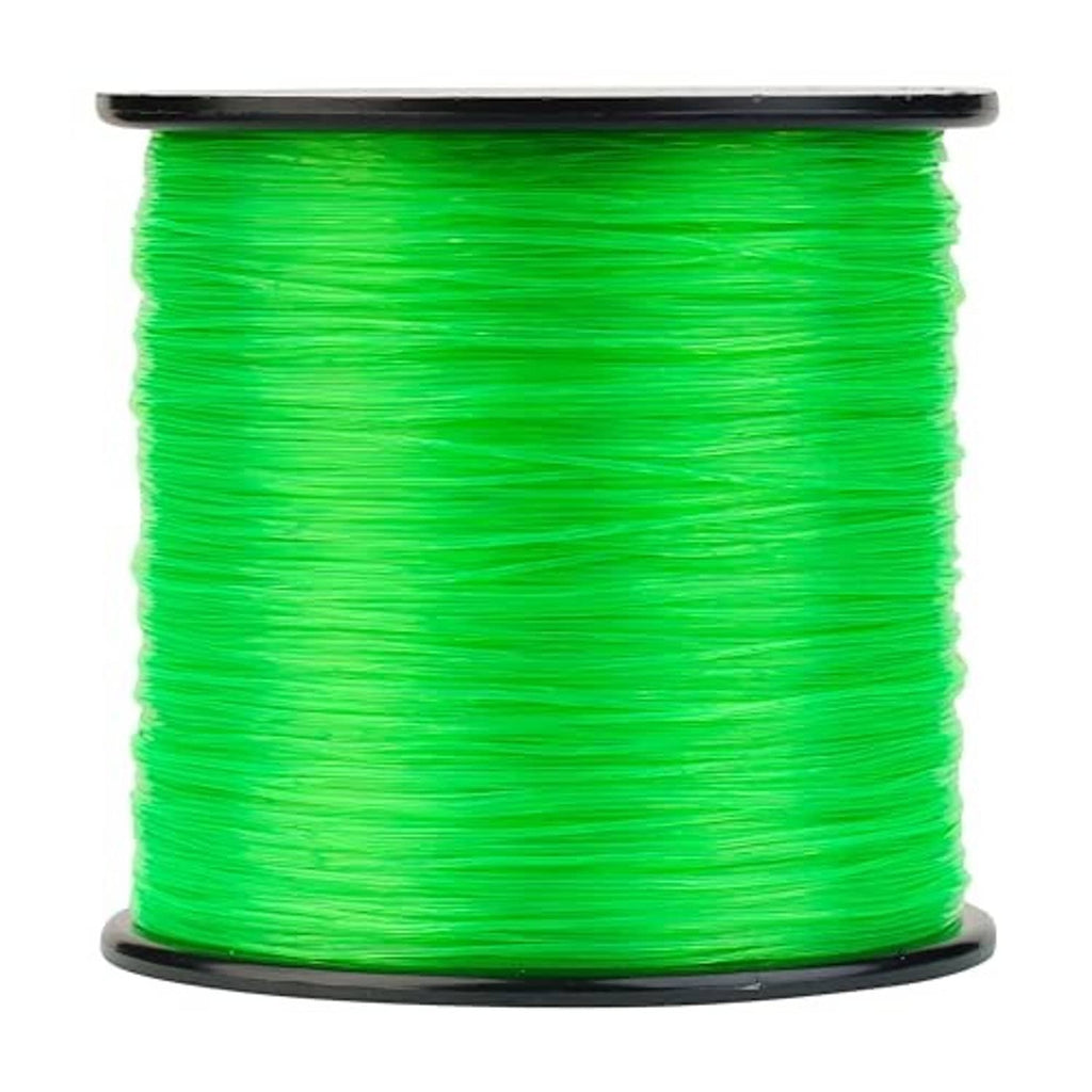 Neon green monofilament fishing line spooled on a round gray reel