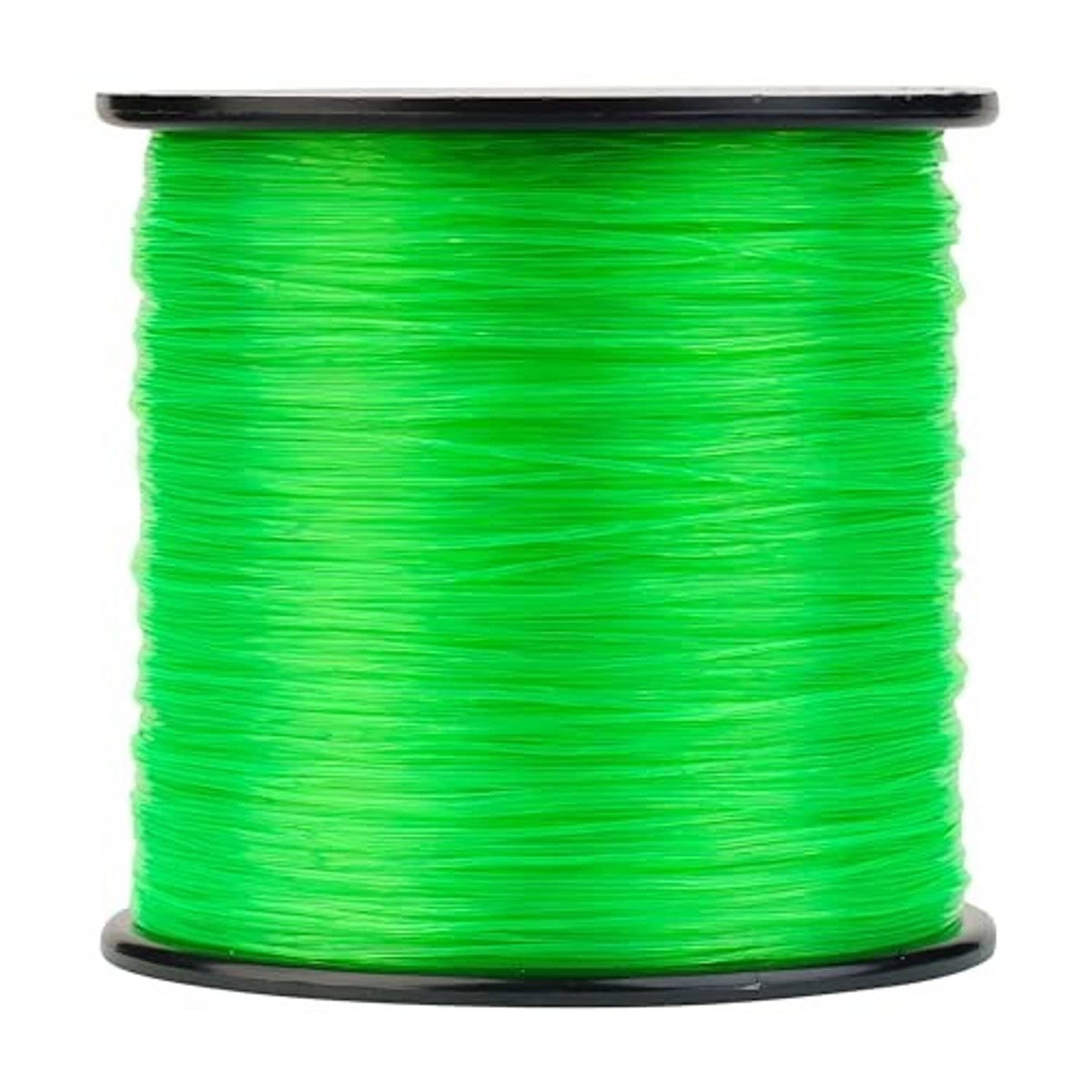 Neon green monofilament fishing line spooled on a round gray reel