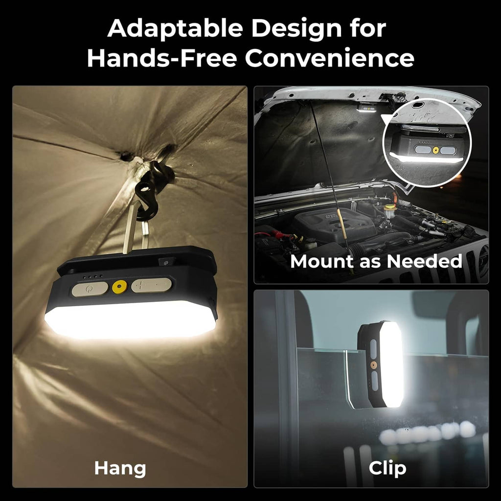 Black rechargeable light designed to hang or clip on with control buttons