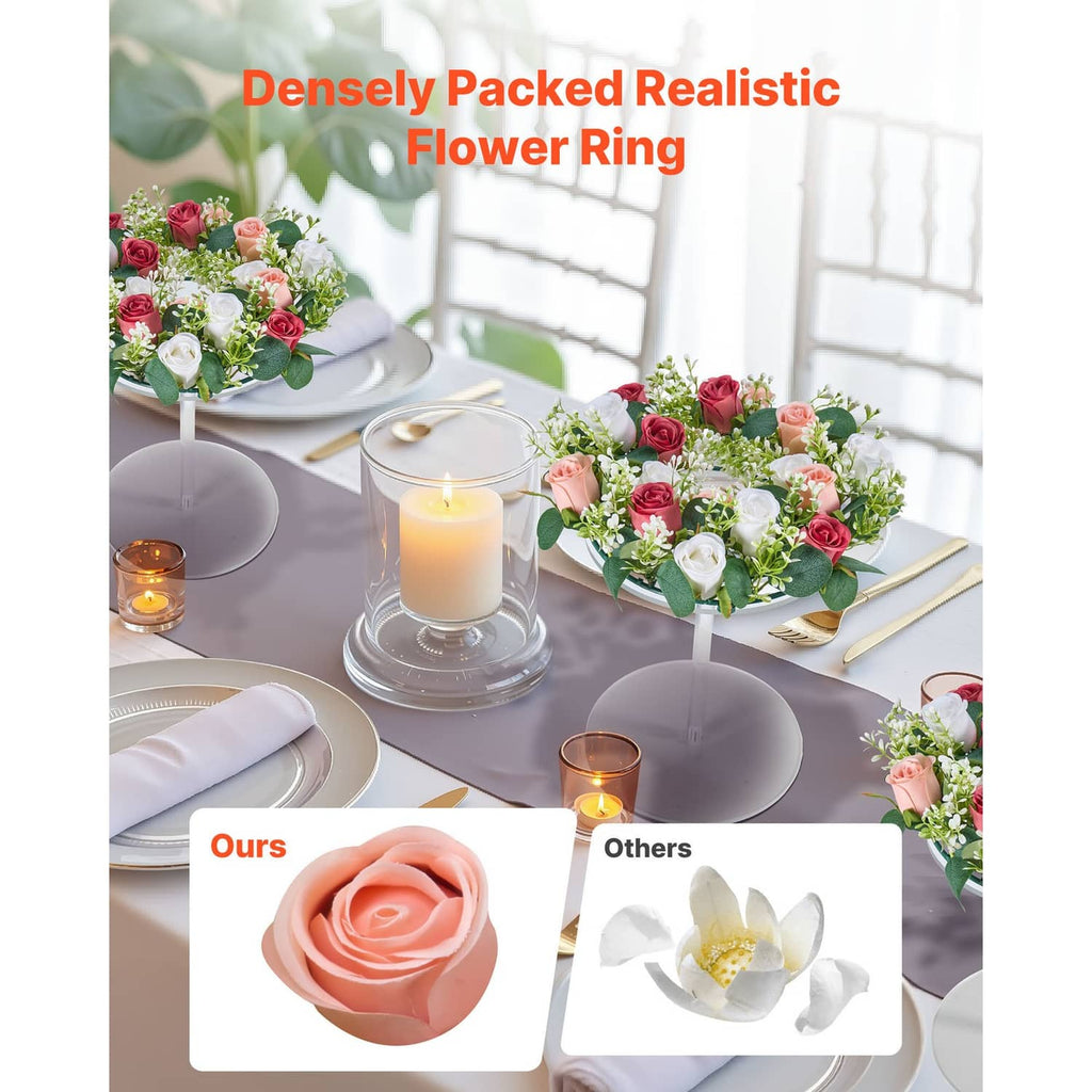 Artificial rose flower wreath ring centerpiece with pink, red, and white blooms and greenery